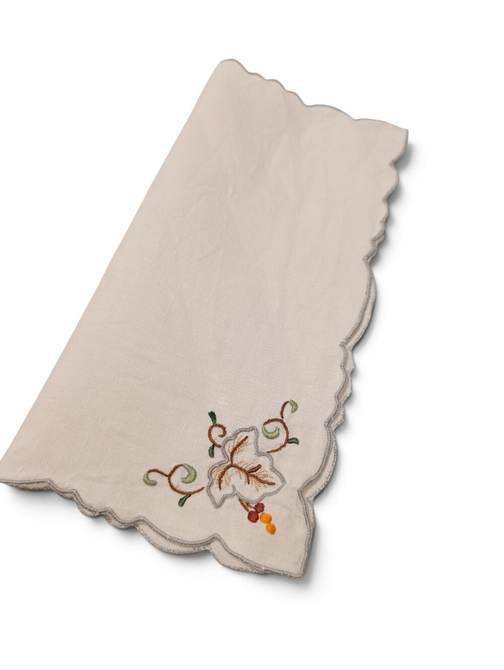 VINTAGE Linen Hankerchief  Embroidery Scalloped Floral Leaf Edging